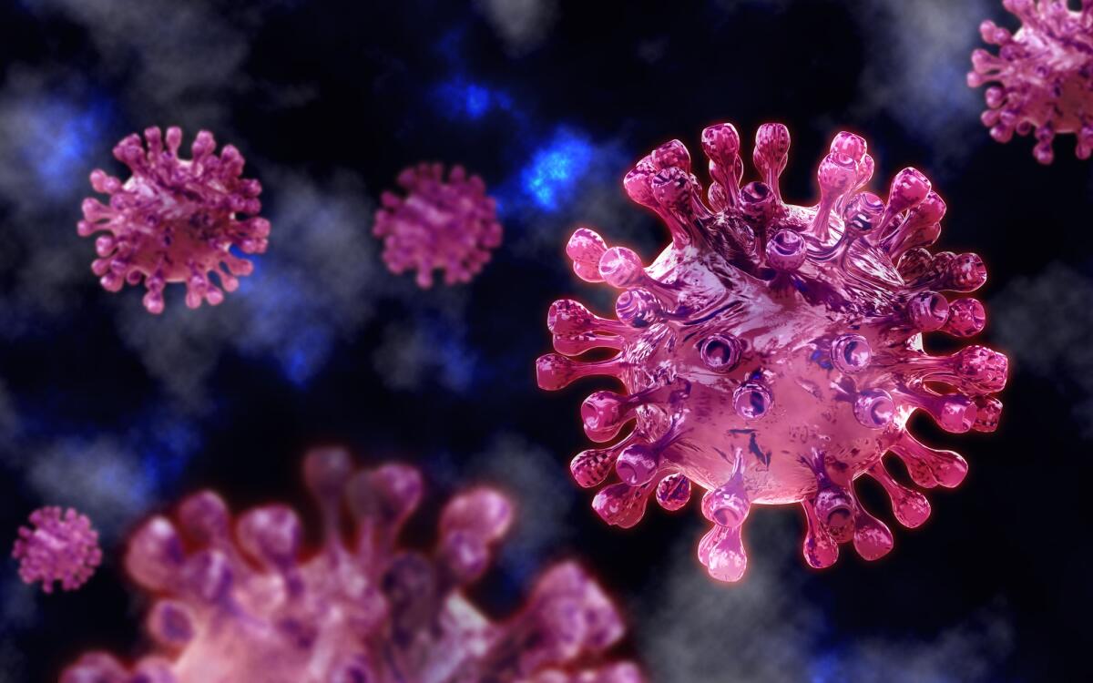 BA.2.87.1: la nuova variante Covid-19 scoperta in Sudafrica - COVID-19, coronavirus outbreak, flu outbreak medical illustration. Microscopic view of floating influenza virus cells, viral disease epidemic, 3D rendering of a virus, organism illustration.