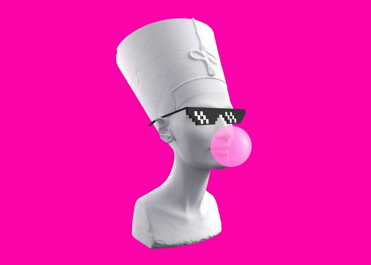 Antichissime "gomme da masticare" rivelano la dieta dell'età della pietra - Funny illustration from 3d rendering ofhead sculpture Nefertiti in pixel glasses, blowing a pink chewing gum bubble. Isolated on pink background.