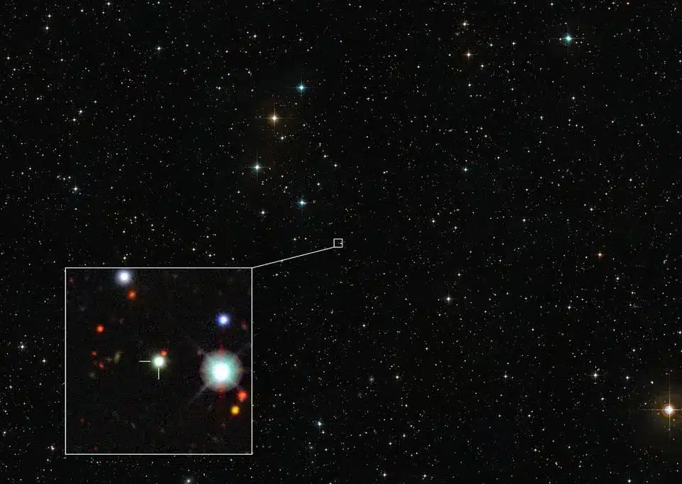 Questa immagine mostra la regione del cielo in cui si trova il quasar da record J0529-4351. Credits: ESO/Digitized Sky Survey 2/Dark