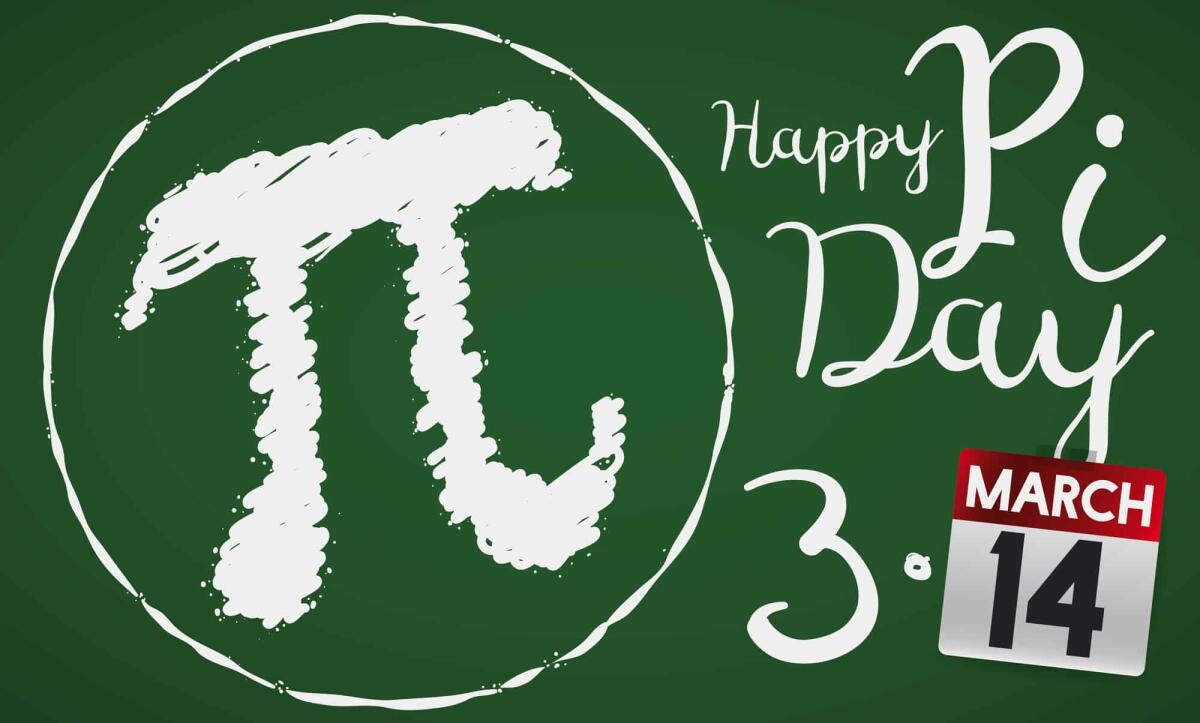 Pi Day: perché si celebra ogni anno il 14 marzo? - Banner with green chalkboard with pi drawing and a loose-leaf calendar with reminder date for Pi Day celebration in March 14.