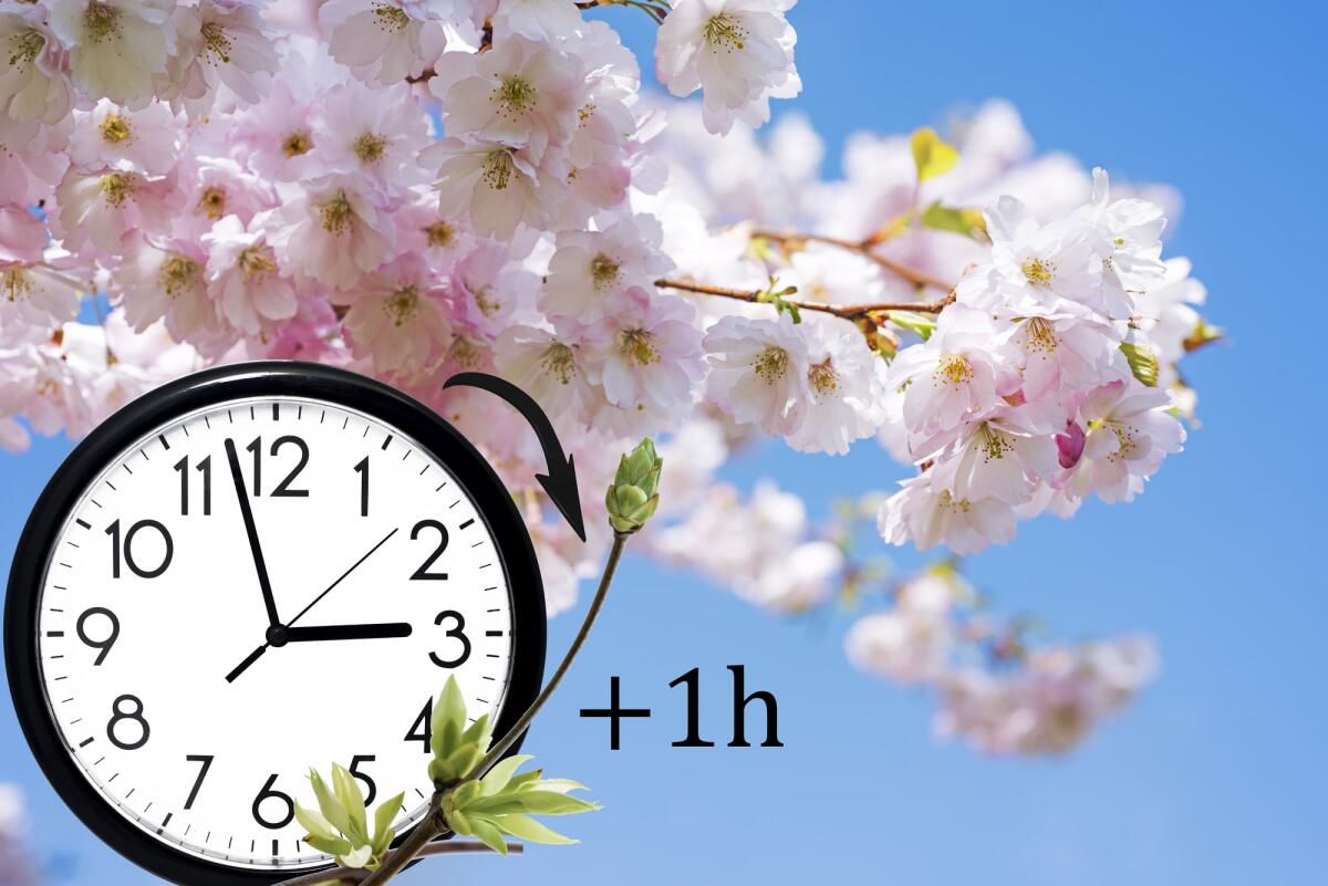 Quanto si risparmierebbe tenendo l'ora legale tutto l'anno? - Daylight Saving Time (DST). Blue sky with white clouds and clock. Turn time forward (+1h).