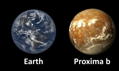 La Terra e Proxima Centauri b (rappresentazione artistica) a confronto. Credits: PHL @ UPR Arecibo, NASA EPIC Team.