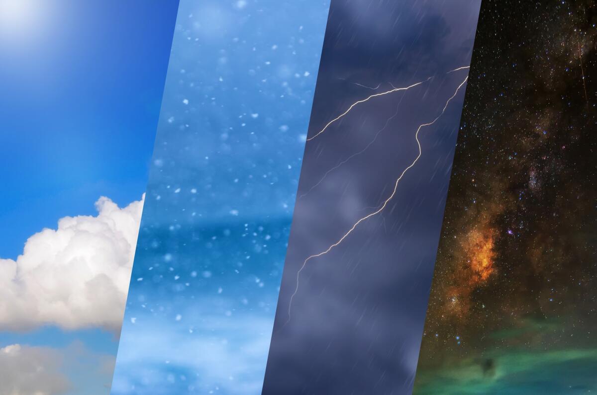 Previsioni meteo per il 1° maggio: pioggia e grandine in molte regioni italiane - Weather forecast background - variety weather conditions, bright sun and snowfall, dark stormy sky with lightnings