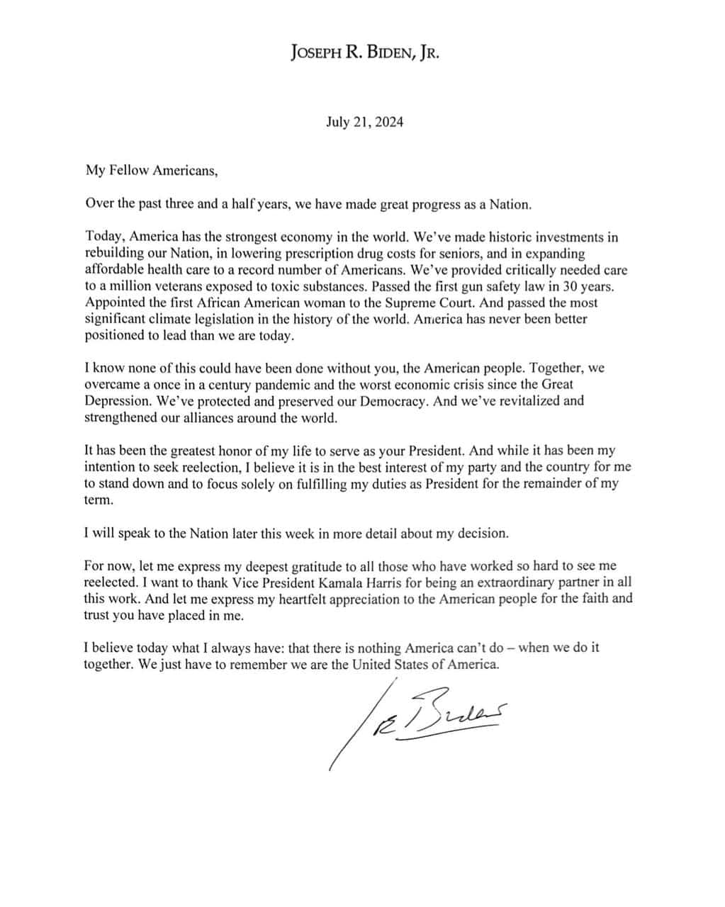 Biden annuncia il ritiro dalla corsa alla Casa Bianca