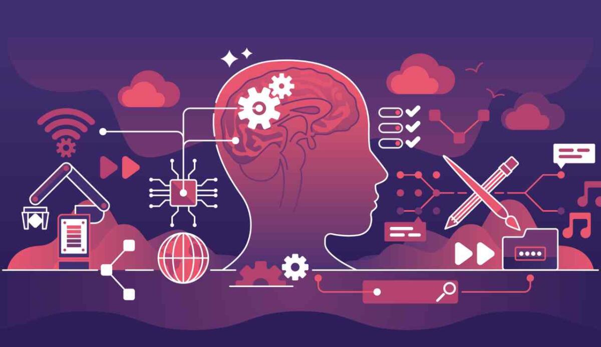 Come il neurofeedback e le tecnologie di Brain-Computer Interface (BCI) possono migliorare il trattamento dei pazienti - Brain computer interfaces or BCI to control device with brain outline concept. Neuron technology and mind controlled process vector illustration. Cyberspace innovation as virtual neural machine head.