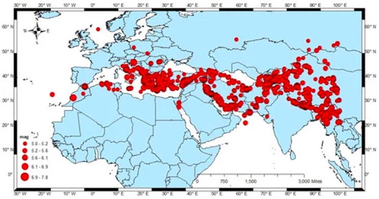 Epicentri dei terremoti di magnitudo uguale o superiore a 5,0 nella catena alpino-himalayana dal 2014 al 2023 (USGS FOTO) - www.sciencecue.it
