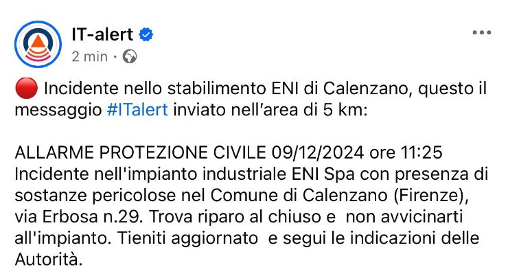 Allarme incidente stabilimento ENI di Calenzano (X, IT-alert FOTO) - www.systemscue.it