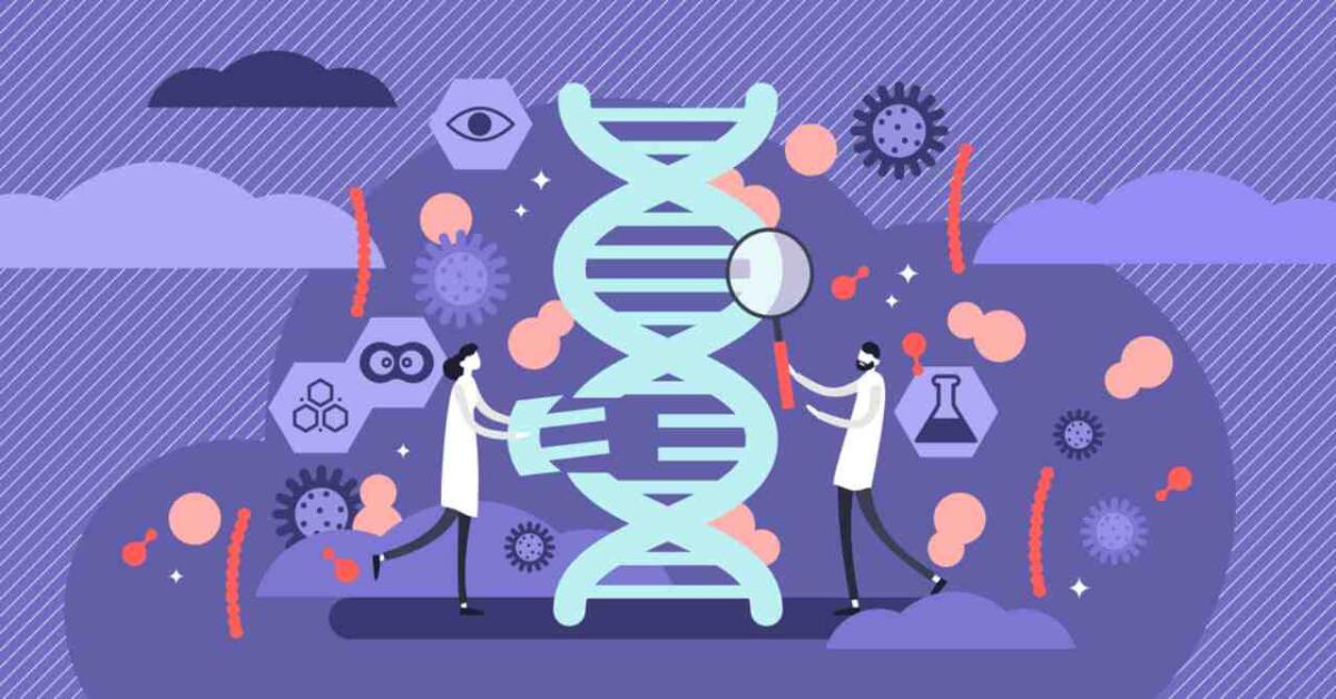 Come progettare la Recovery Room per centri sportivi e SPA, con i macchinari Biohacking per il recupero muscolare - Genetics vector illustration. Flat tiny DNA biology structure research persons concept. Microbiology technology and scientific genome experiment. Clone life symbol and organic spiral chain code model.