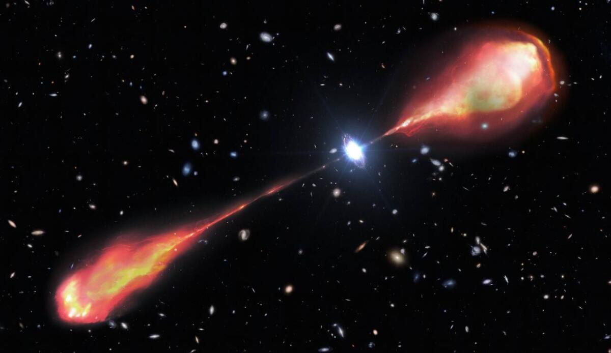 Un getto radio di 200.000 anni luce scoperto in un quasar di 12,6 miliardi di anni fa - Rappresentazione del getto radio (NOIRLab - youtube screenshot) - www.aerospacecue.it