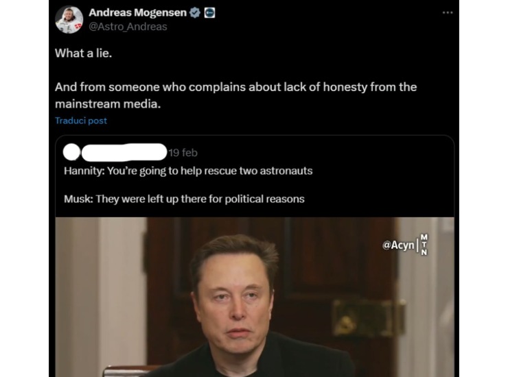 Il post che ha generato la feroce risposta di Musk (X screenshot) - www.aerospacecue.it