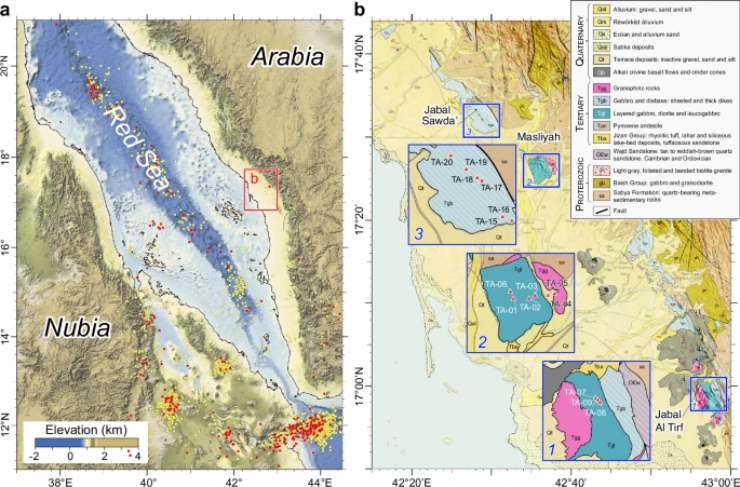 Illustrazione del Mar Rosso meridionale e del complesso magmatico Tihama Asir (Sanfilippo et al., 2025 FOTO) - marinecue.it