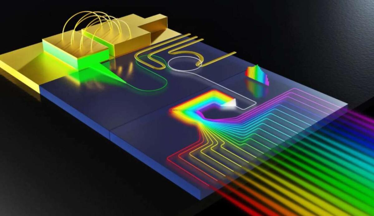 Scoperto per caso un chip “arcobaleno” che può rivoluzionare Internet - Illustrazione schematica del chip (Michal Lipson lab foto) - www.systemcue.it