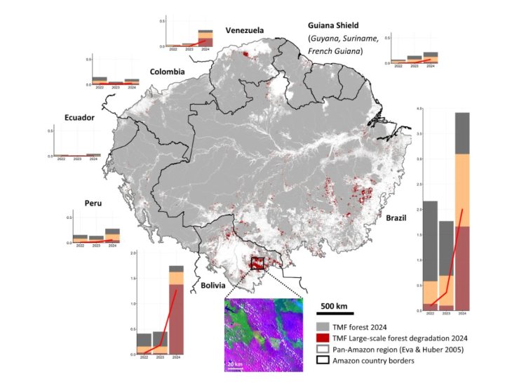 Grafico che mostra il degrato forestale dell'Amazzonia (Bourgoin foto) - www.energycue.it