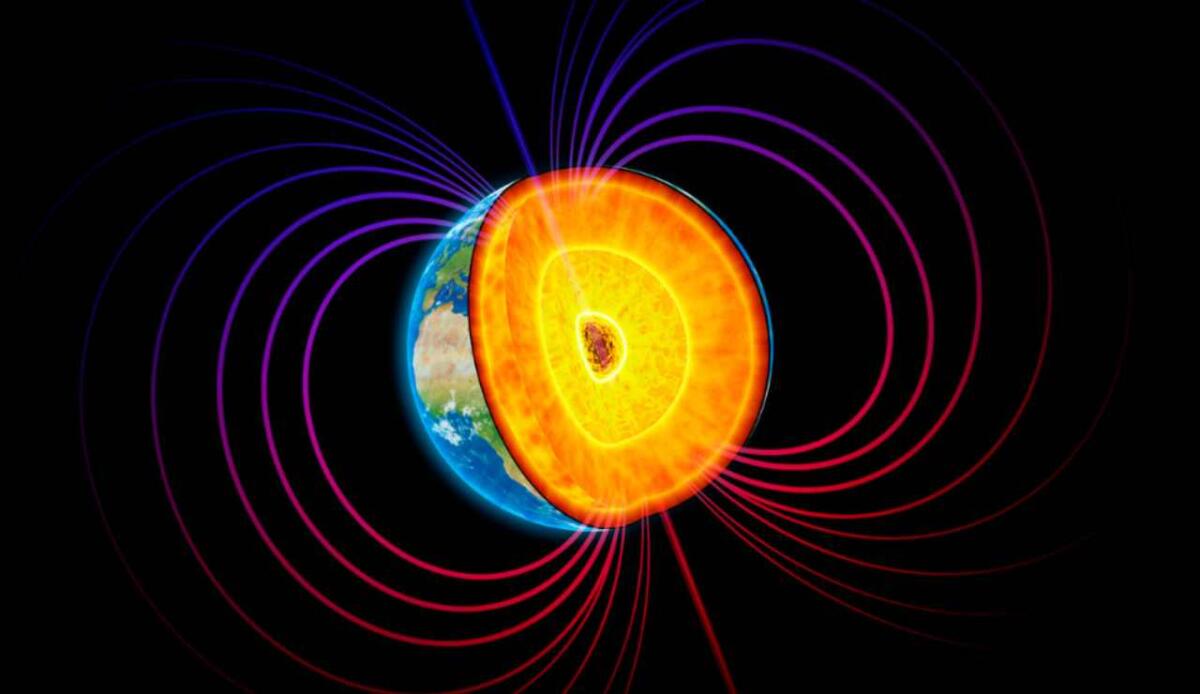 Swarm rivela l'espansione della zona debole del campo magnetico terrestre nell'Atlantico del Sud - Illustrazione del campo magnetico terrestre (Canva FOTO) - sciencecue.it