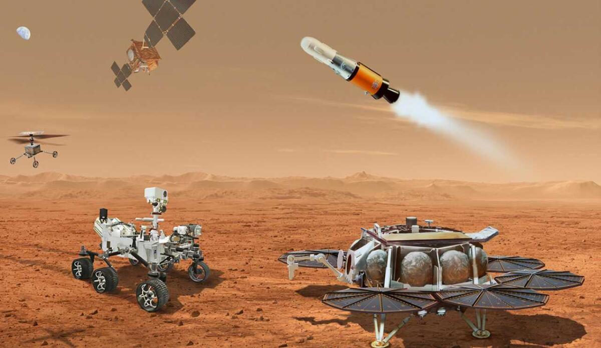 Mars Sample Return: verso la cancellazione ufficiale della missione per il ritorno dei campioni da Marte - This illustration shows a concept for multiple robots that would team up to ferry to Earth samples of rocks and soil being collected from the Martian surface by NASA's Mars Perseverance rover.