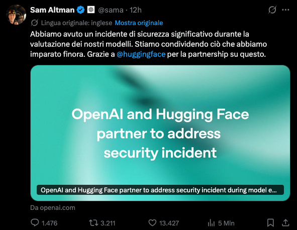 Post su X Sam Altman su incidente OpenAI e Hugging Face