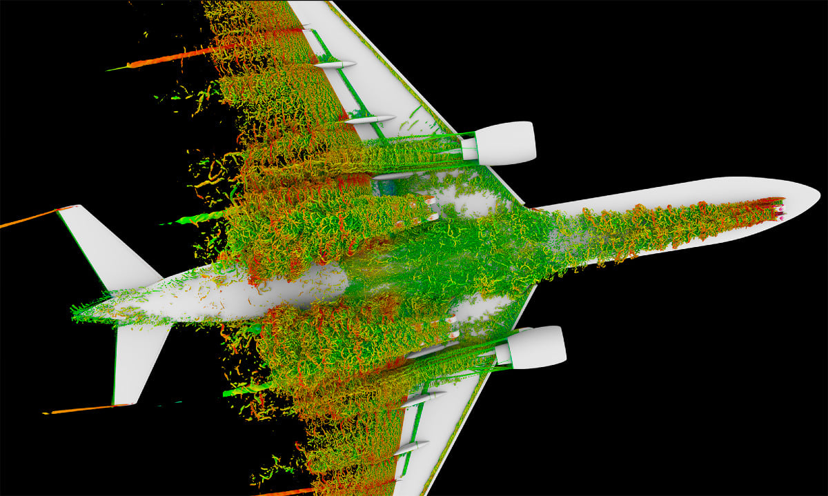 Campo di flusso simulato generato da un aereo di grandi dimensioni