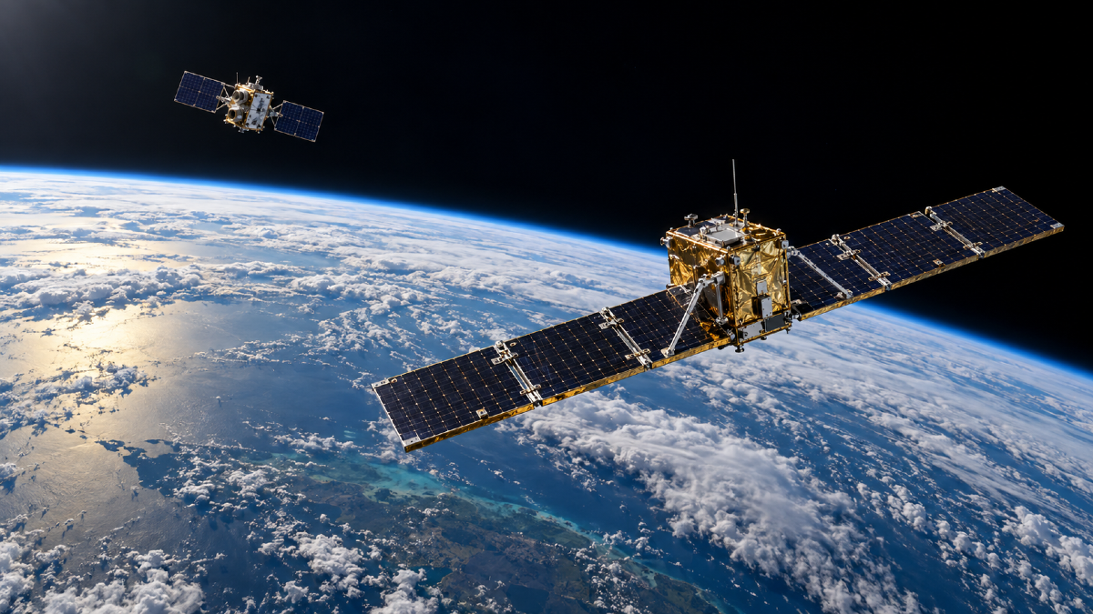 Un satellite militare russo si è avvicinato pericolosamente a un satellite Usa: cosa sappiamo - Rappresentazione dei due satelliti nello spazio creata con AI